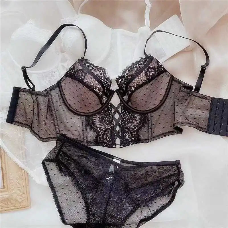 French Lace Push Up Lingerie Set Damen Thin Underwire Bra Sheer Mesh Ruched Chemise Soft Petite Small Bust Ladies S-XL