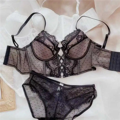 French Lace Push Up Lingerie Set Damen Thin Underwire Bra Sheer Mesh Ruched Chemise Soft Petite Small Bust Ladies S-XL