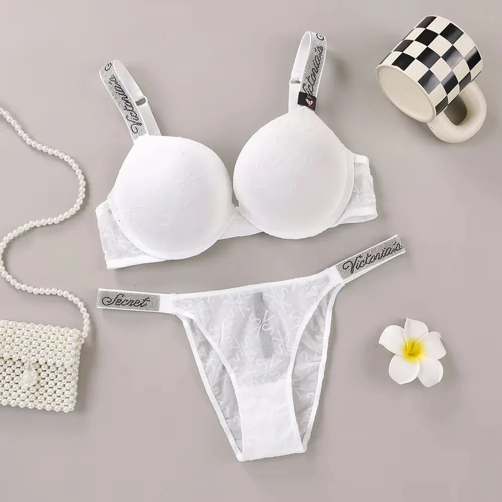 Victoria Secret Sexy Women Underwear Very Sexy Logo Shine Strap Embossed Lace Push Up Bra Shine Script Thong Panty