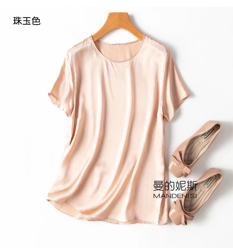 ZVAQS 100% Mulberry Silk T Shirts Woman Elegant Satin T Shirt 27 Colors High Quality Silk Summer Tops 2025 Women Clothing Топ