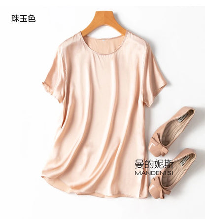 ZVAQS 100% Mulberry Silk T Shirts Woman Elegant Satin T Shirt 27 Colors High Quality Silk Summer Tops 2025 Women Clothing Топ