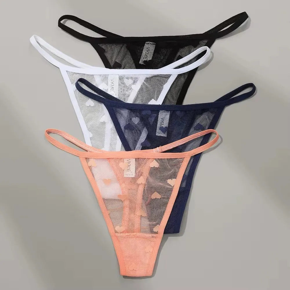 2Pcs Heart See Through Mesh G-String T-Pants Underpants Sexy Lace Sheer Underwear Women's Low Waist  Lingerie Thong Panties