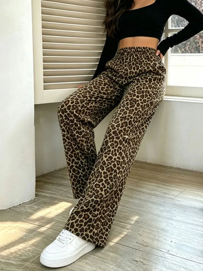 Y2K Womens Leopard Print Wide Leg Casual Pants Stretchy Fashion Retro Soft Straight Leg Leggings New Street Cool Feeling Bottoms