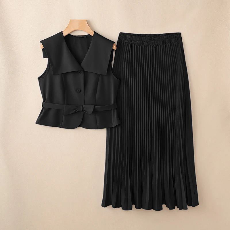 ZANZEA Summer Office Outfits Fashion Women Dress Sets Elegant Lapel Neck Sleeveless Vests Tops A Line Pleated Skirt Suit OL Work