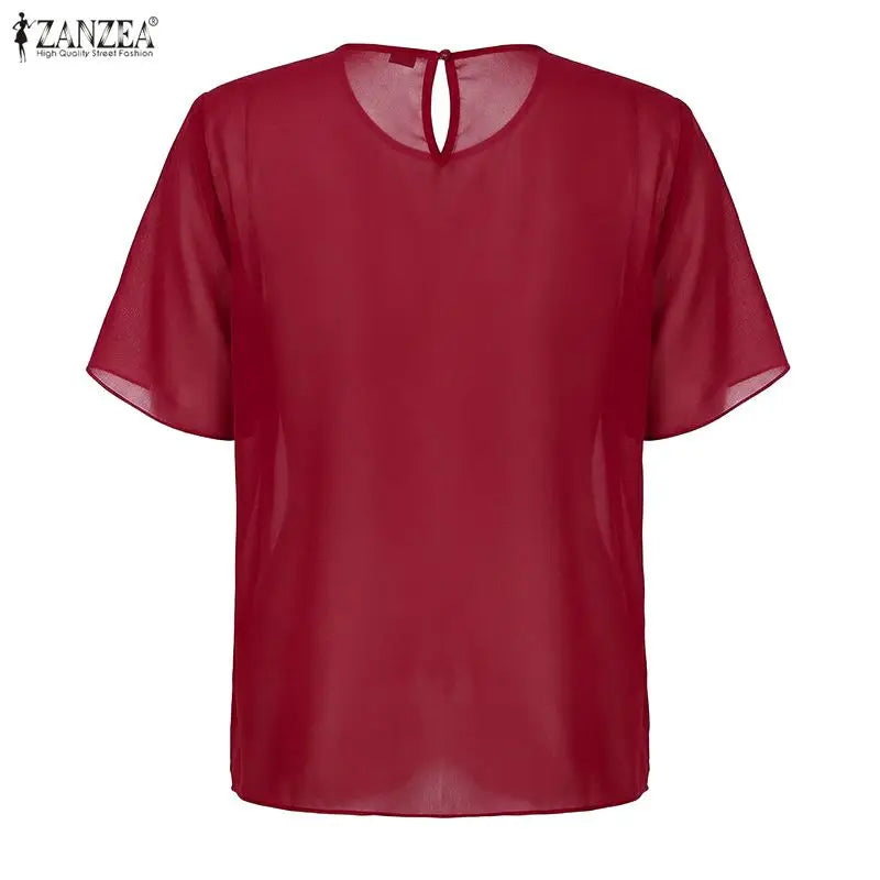 ZANZEA Women's Chiffon Sheer Blouses Elegant O-Neck Short Sleeve Layered Design Pullover Tops Classy Solid Color Blusas de Mujer