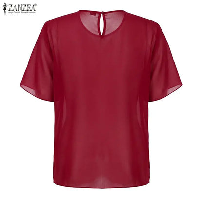 ZANZEA Women's Chiffon Sheer Blouses Elegant O-Neck Short Sleeve Layered Design Pullover Tops Classy Solid Color Blusas de Mujer