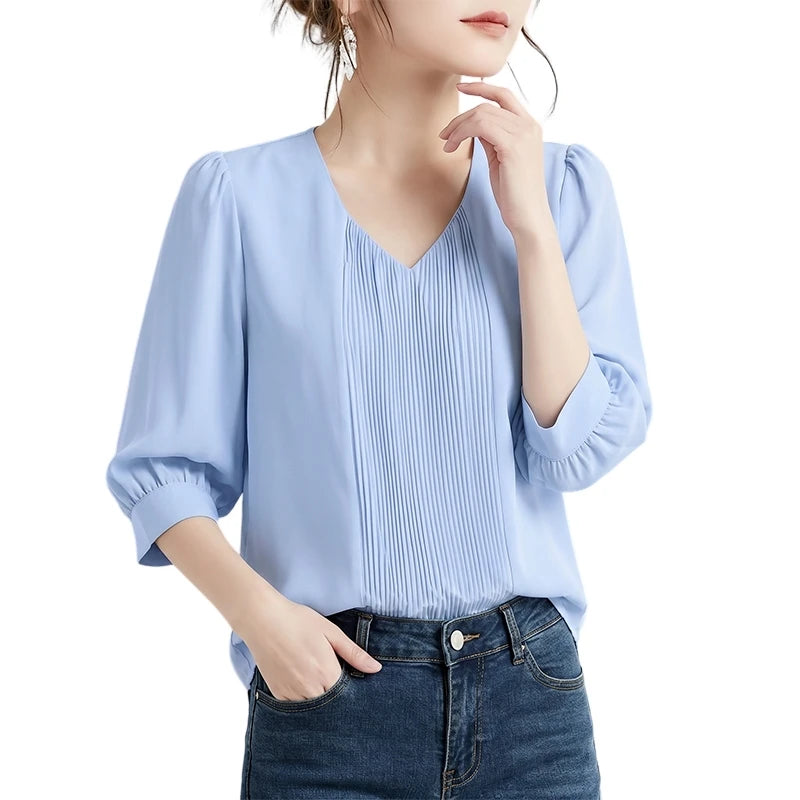 ZANZEA Elegant Plisse Detailing Blouses Women's Classy V-Neck 3/4 Puff Sleeve Solid Color Tops Summer Daily Wear Blusas de Mujer