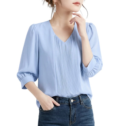 ZANZEA Elegant Plisse Detailing Blouses Women's Classy V-Neck 3/4 Puff Sleeve Solid Color Tops Summer Daily Wear Blusas de Mujer