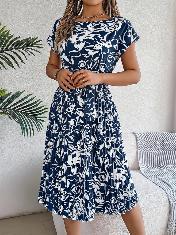 Ficusrong Fashion Floral Pleated A Line Long Dress Women Spring Summer Short Sleeve High Waist Chic Dress