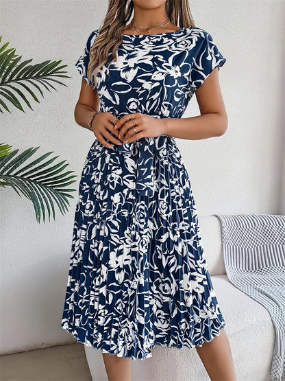 Ficusrong Fashion Floral Pleated A Line Long Dress Women Spring Summer Short Sleeve High Waist Chic Dress