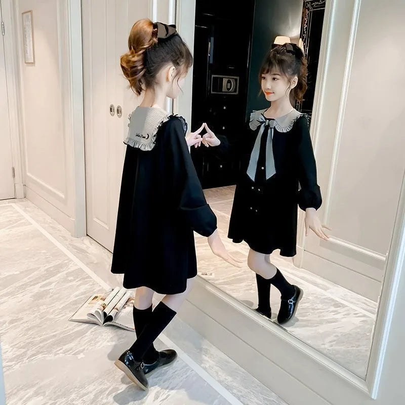 2025 New Girls' Plus Size Korean Style Stylish Long Sleeve Peter Pan Collar Cute Princess Dresses for 4-12 Years Old
