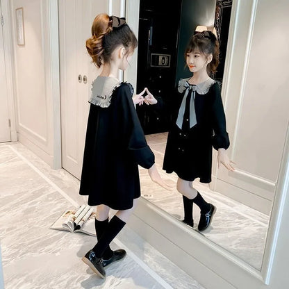 2025 New Girls' Plus Size Korean Style Stylish Long Sleeve Peter Pan Collar Cute Princess Dresses for 4-12 Years Old