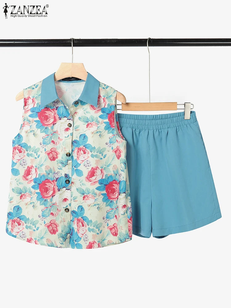 ZANZEA Summer 2PCS Outfits Fashion Sleeveless Printed Shirt Short Suits Women 2 Pieces Sets Casual Holiday Tracksuits Sets 2025