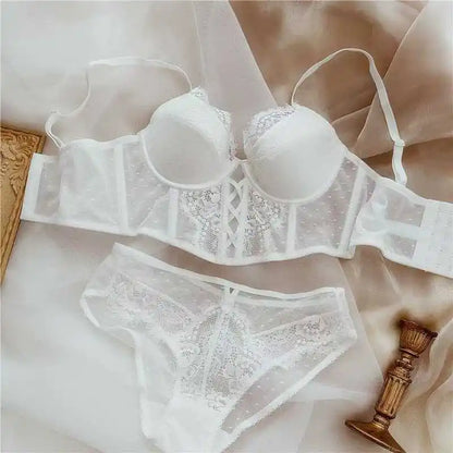 French Lace Push Up Lingerie Set Damen Thin Underwire Bra Sheer Mesh Ruched Chemise Soft Petite Small Bust Ladies S-XL