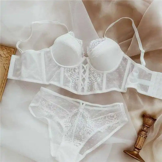 French Lace Push Up Lingerie Set Damen Thin Underwire Bra Sheer Mesh Ruched Chemise Soft Petite Small Bust Ladies S-XL