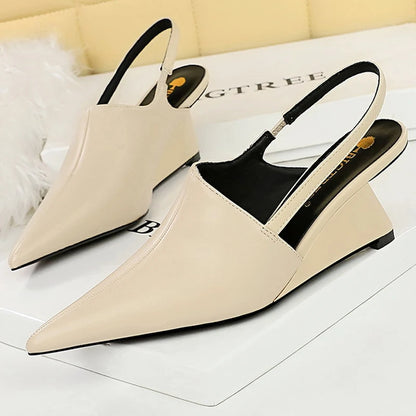 BIGTREE Shoes Women Pumps New Designer Wedge Heels Shoes Hollow Back Strap Sandals Women Shoes Pointed End Wedges Office Shoes