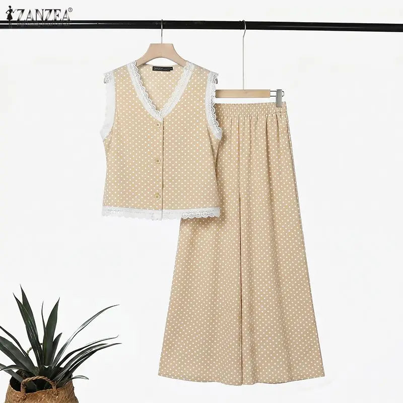 ZANZEA Summer Women Polka Dot Pant Sets Lace Trim V-Neck Sleeveless Top & Wide Leg Pants 2-Piece Sets Casual Streetwear Co-ords