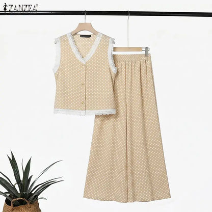 ZANZEA Summer Women Polka Dot Pant Sets Lace Trim V-Neck Sleeveless Top & Wide Leg Pants 2-Piece Sets Casual Streetwear Co-ords