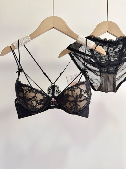 Minimal Romantic Coquette Lace Front Clasp Bra Set Wirefree Ultra Thin Straps Beauty Back Small Bust Create Curvy Lookr MOYISU