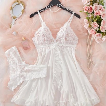 Sexy Lingerie Set Women Erotic Bra Nightdress Sexy Lace Sleepwear Solid Slim Soft Dresses V Neck Full Slip Sleepwear & Dresses