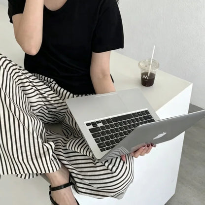 Women's Korean Dongdaemun Summer Casual Wide Leg Striped Loose Fit High Waist Slimming Effect Comfortable Elastic Waist Pants