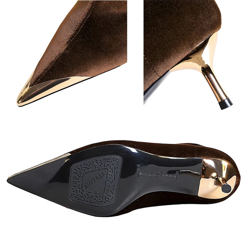 BIGTREE Shoes Metal Pointed Tip Women Boots Stilettos Heels 5 CM 8 CM Fashionable High-Heeled Boots Suede Ladies Ankle Boots