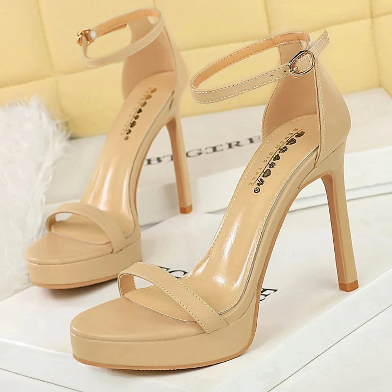 BIGTREE Shoes Summer High-Heeled Sandals Women's Shoes Sexy Party Shoes Peep-Toe High Heels Stiletto 11 CM Buckle Ladies Shoes