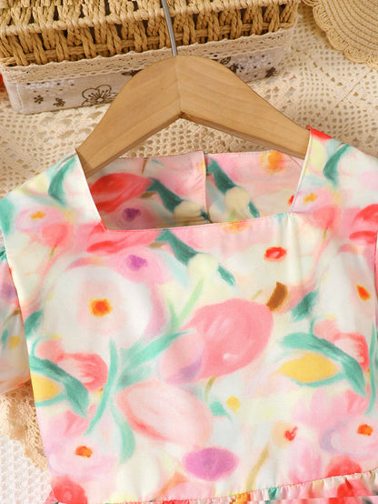 Girls' floral printed bubble sleeve square neck dress with backless straps and bow, suitable for outdoor wear in spring/summer