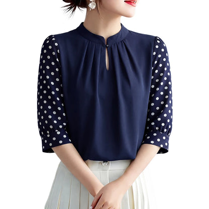 ZANZEA Women Elegant Gathered Blouses Spring Polka Dot 3/4 Puff Sleeves Stand Collar Tops Summer Daily Casual Blusas de Mujer