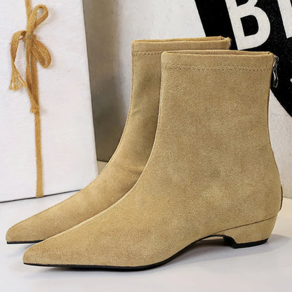 BIGTREE Shoes Low Heeled Women's Boots Back Zipper Women's Ankle Boots New Fashion Boots Suede Short Boots Pointed Ladies Shoes