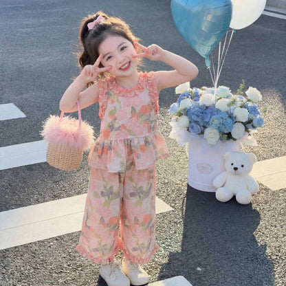 1Sets Girls Thin Flower Print Set Kids Summer Sleeveless Top And Long Pants Suit Baby Fashion Costume Cute Children Beach Sets