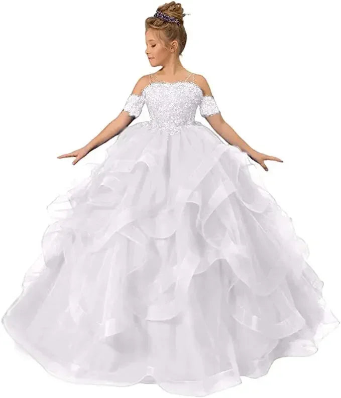 Dress for girls Party Flower Kids Ball Gown Tulle Off Shoulder Children Birthday Wedding Dresses First Communion Gown Clothing