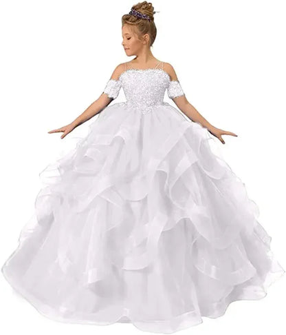 Dress for girls Party Flower Kids Ball Gown Tulle Off Shoulder Children Birthday Wedding Dresses First Communion Gown Clothing