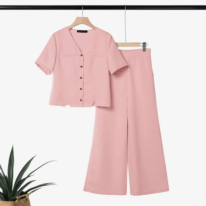 ZANZEA Women's Casual Pant Sets Summer Wide Leg Pant & V-Neck Short Sleeve Shirt 2 Pieces Suits Commute Solid Color Outfits