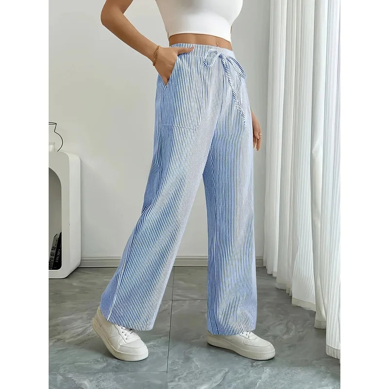 New Women's Casual Striped Blue Pocket Pants Fashionable Popular Sports Trousers for Ladies