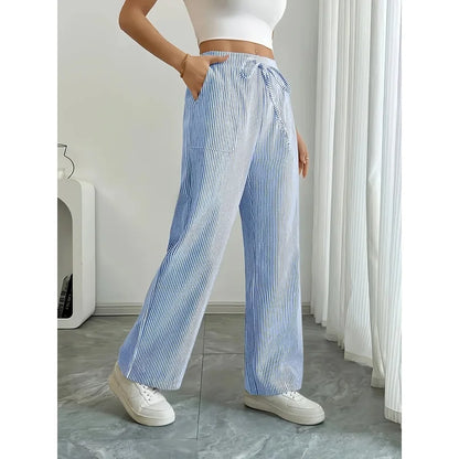 New Women's Casual Striped Blue Pocket Pants Fashionable Popular Sports Trousers for Ladies