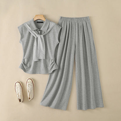 ZANZEA Women 2 Pieces Matching Sets Fashion Striped Tie Patchwork T-Shirt & Wide Leg Pant 2pcs Suits Casual Chic Tracksuits