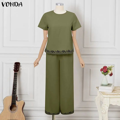 VONDA Summer Thin Women Pant Sets Print 2pcs Casual Short Sleeve Tops Wide Leg Pants Streetwear Two-piece Outfits Blusas Trouser