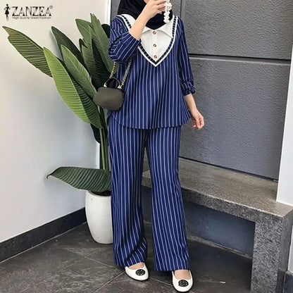 ZANZEA Women Muslim Sets 3/4 Sleeve Stripe Patchwork Turn Down Collar Blouse Elastic Waist Wide Leg Pants Office Wear 2 Pieces