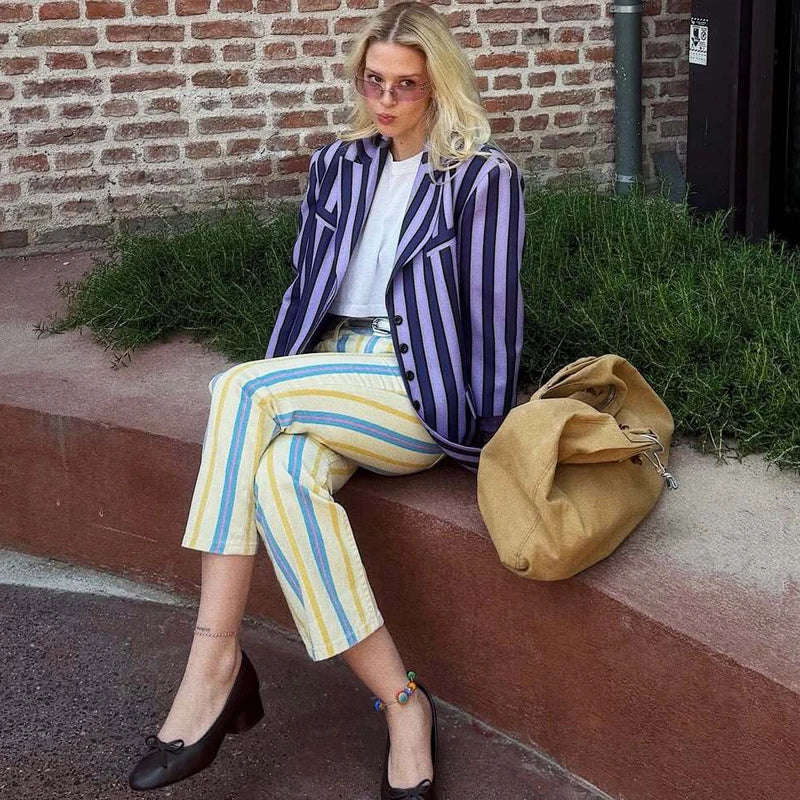 HXAO Striped Women's Jeans Straight Low Landing Jeans Woman Fitted Pocket Flared Jeans Summer Casual Streetwear Denim Trousers