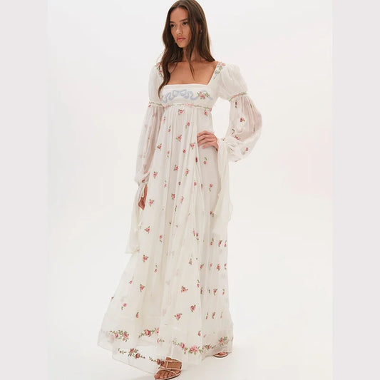 Cottagecore Floral Maxi Dress Women's Square Neck Long Puff Sleeve Empire Waist Chiffon Flowy Vintage Boho Wedding Guest Dress