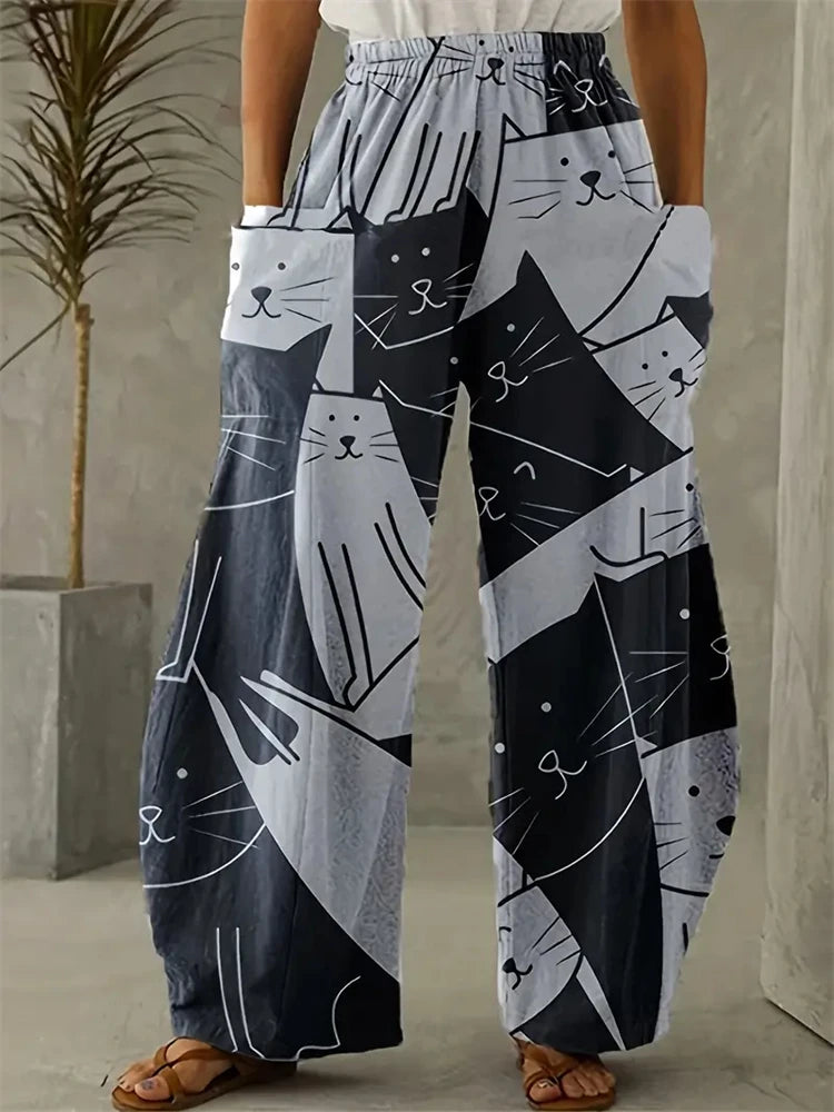 Women's Large Size Cartoon Cat Loose Wide-legged Pants Fall And Winter Casual Elastic Waist Pants Home Large Size Women Clothing