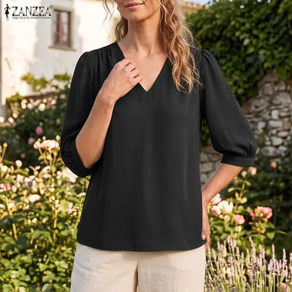 ZANZEA Women Blouse Elegant V Neck Puff Half Sleeve Solid Color OL Work Blusas Casual Tunic Oversize Streetwear Summer Autumn