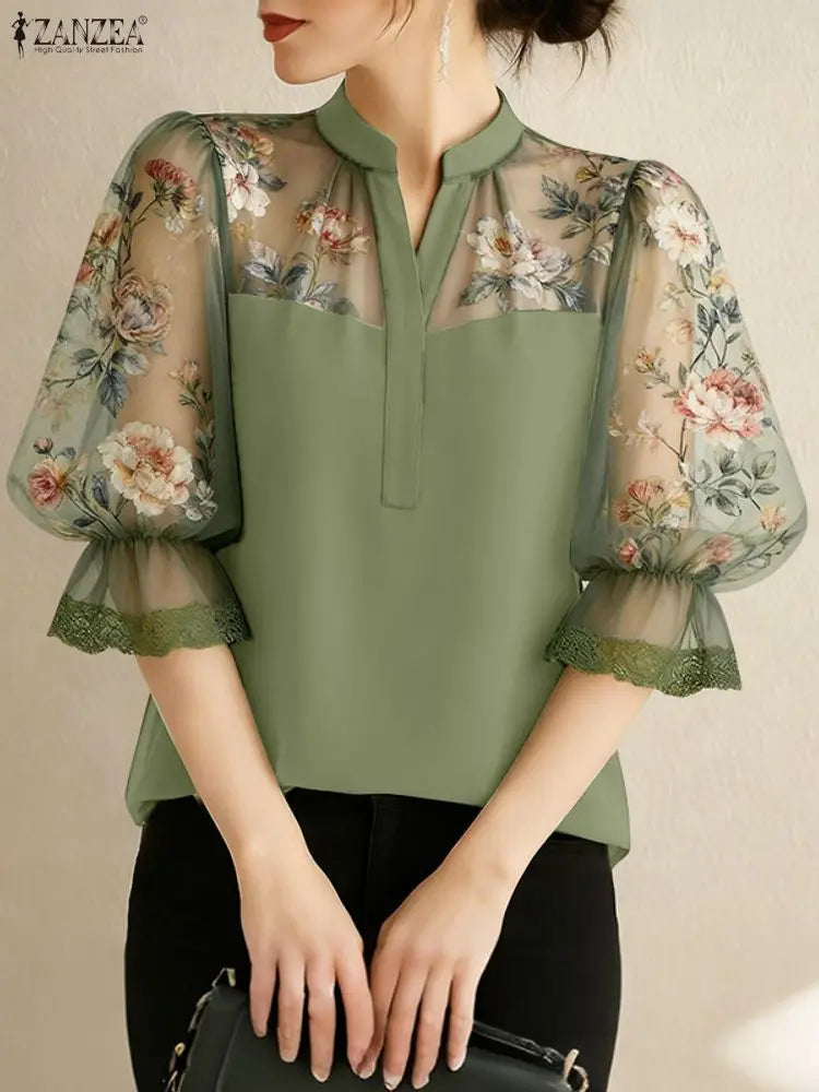 ZANZEA Elegant Women Blouses Floral Printed Chiffon Patchwork Tops Fashion V-Neck 3/4 Puff Sleeve Lace Trim Woman Clothes S-3XL