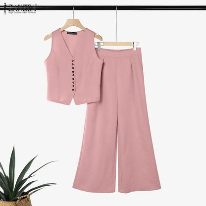 ZANZEA Women Elegant 2-Piece Matching Sets Sleeveless Vests & Wide Leg Pants 2pcs Pant Sets Summer Office Lady Work Suits Outfit