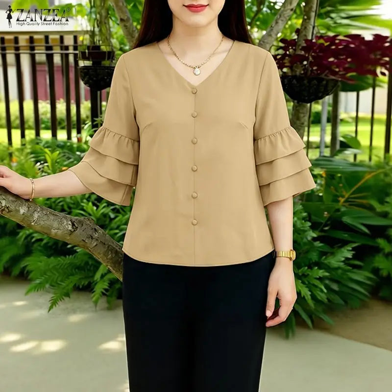 ZANZEA Woman Casual Blouses Elegant V-Neck 3/4 Layered Ruffle Sleeves Solid Color Tops 2026 Summer Everyday Wear Work Blusas