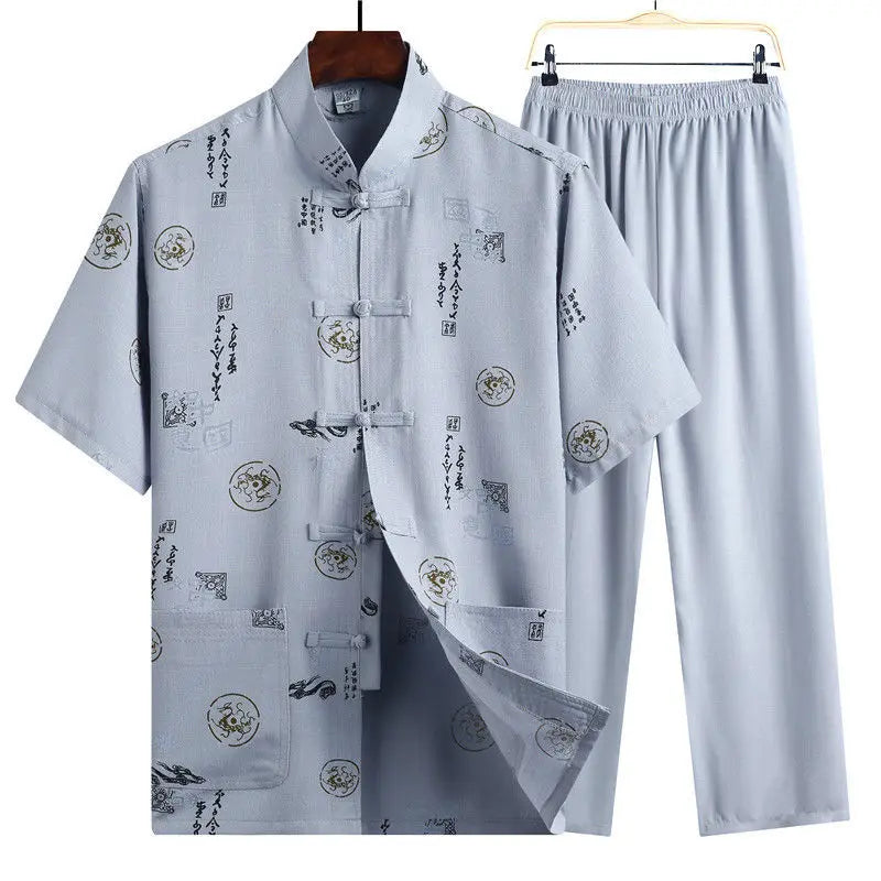 Men's Red Two-piece Summer Set: A Short Jacquard Shirt in Chinese Style Paired with Elastic-waist Pants. White, Gray, Beige-Blue