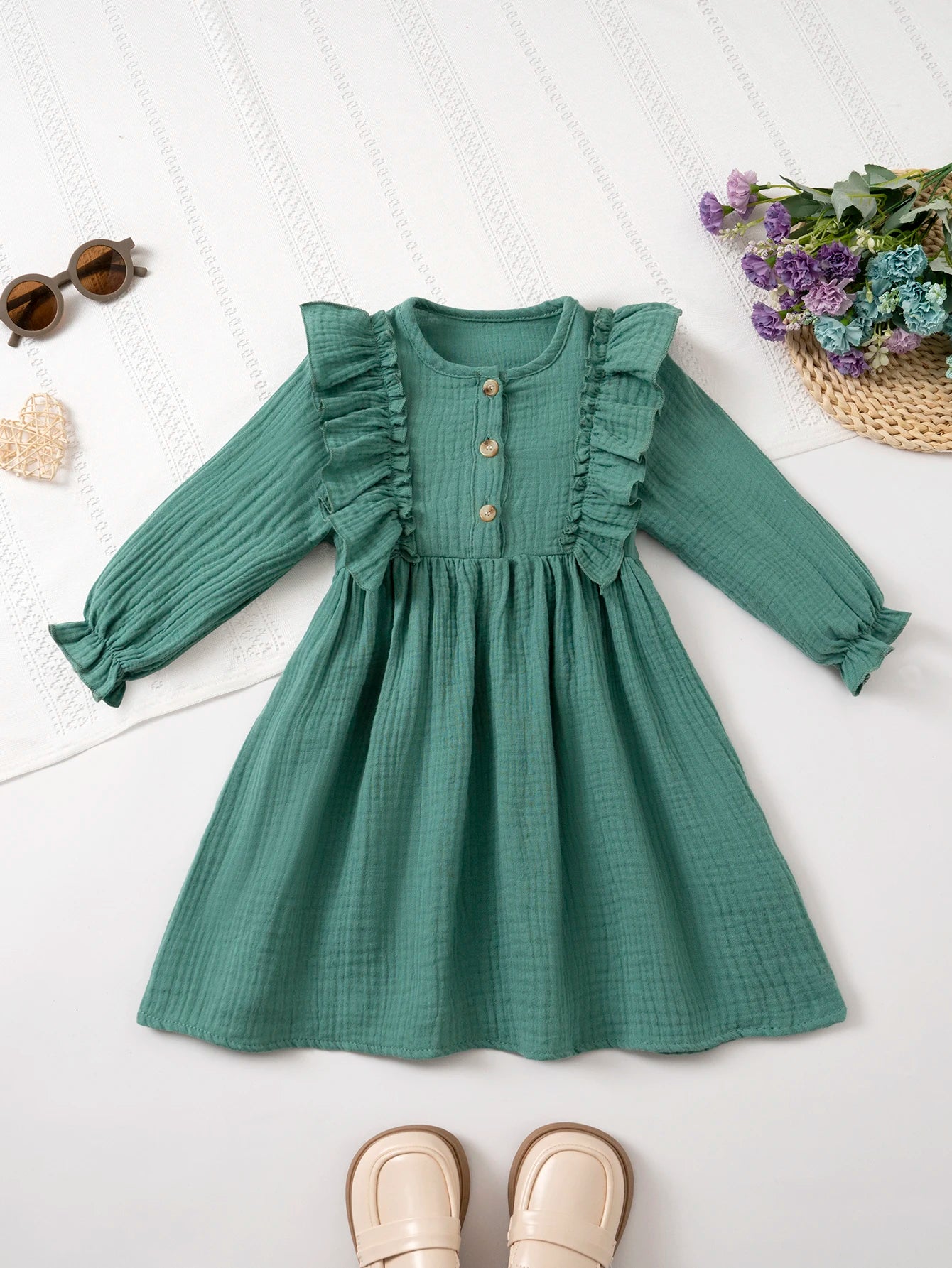 Girls' Long-Sleeve Dress Kids Cotton Skin-Friendly Breathable, Ruffled Shoulder & 3D Button Design, Soft For Party and Gift 3-8Y