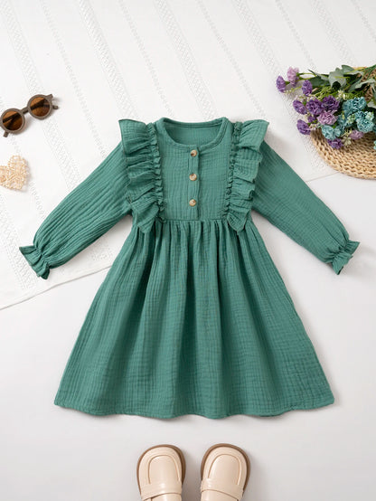 Girls' Long-Sleeve Dress Kids Cotton Skin-Friendly Breathable, Ruffled Shoulder & 3D Button Design, Soft For Party and Gift 3-8Y