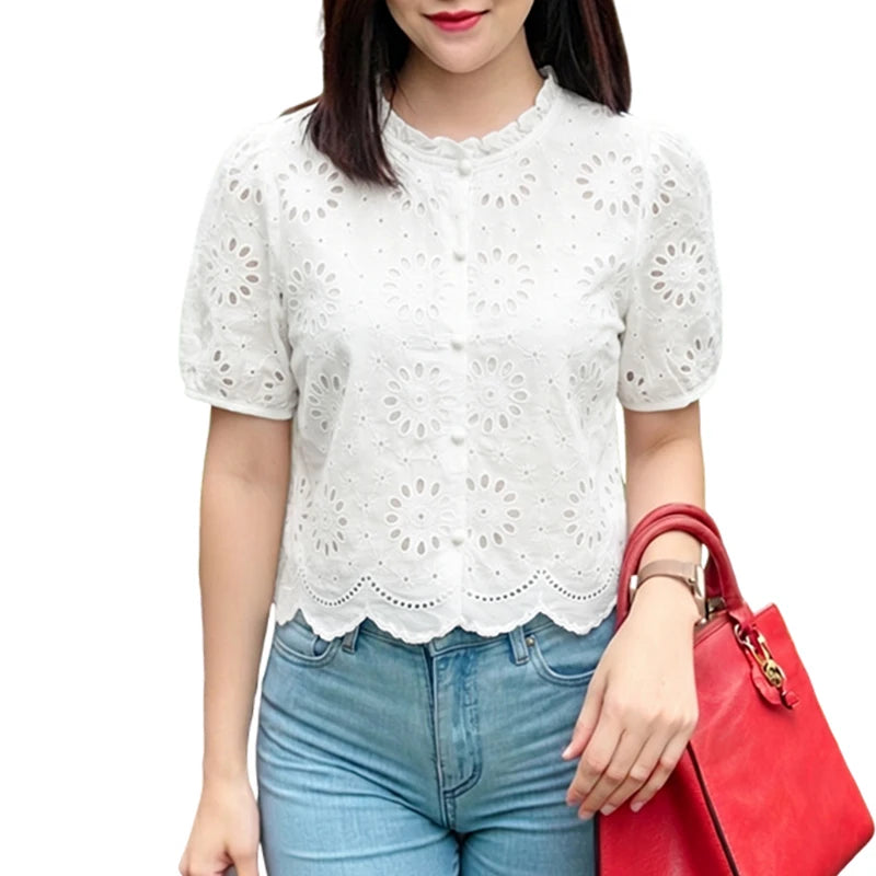 ZANZEA Woman Summer Embroidered Eyelet Cropped Shirts Elegant Ruffled Trim O-Neck Puff Short Sleeve Button Up Blouses Casual Top